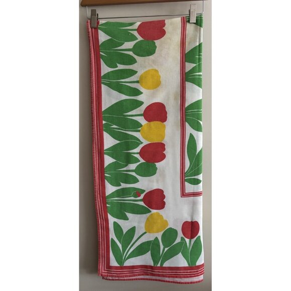 Vintage 1950s 60s Red Yellow Tulips Floral Cotton Tablecloth 62x51” Zofia Rostad - Picture 1 of 16